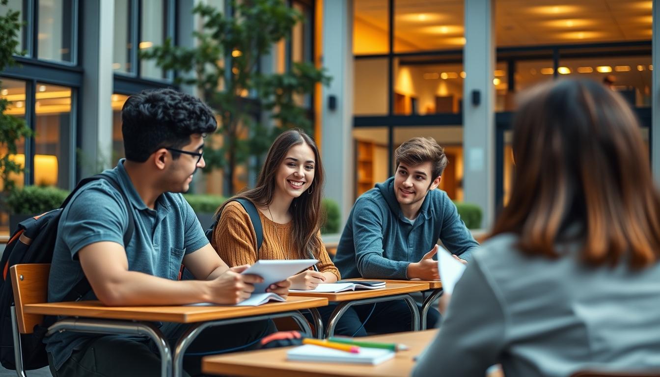 Students studying together in modern classroom
